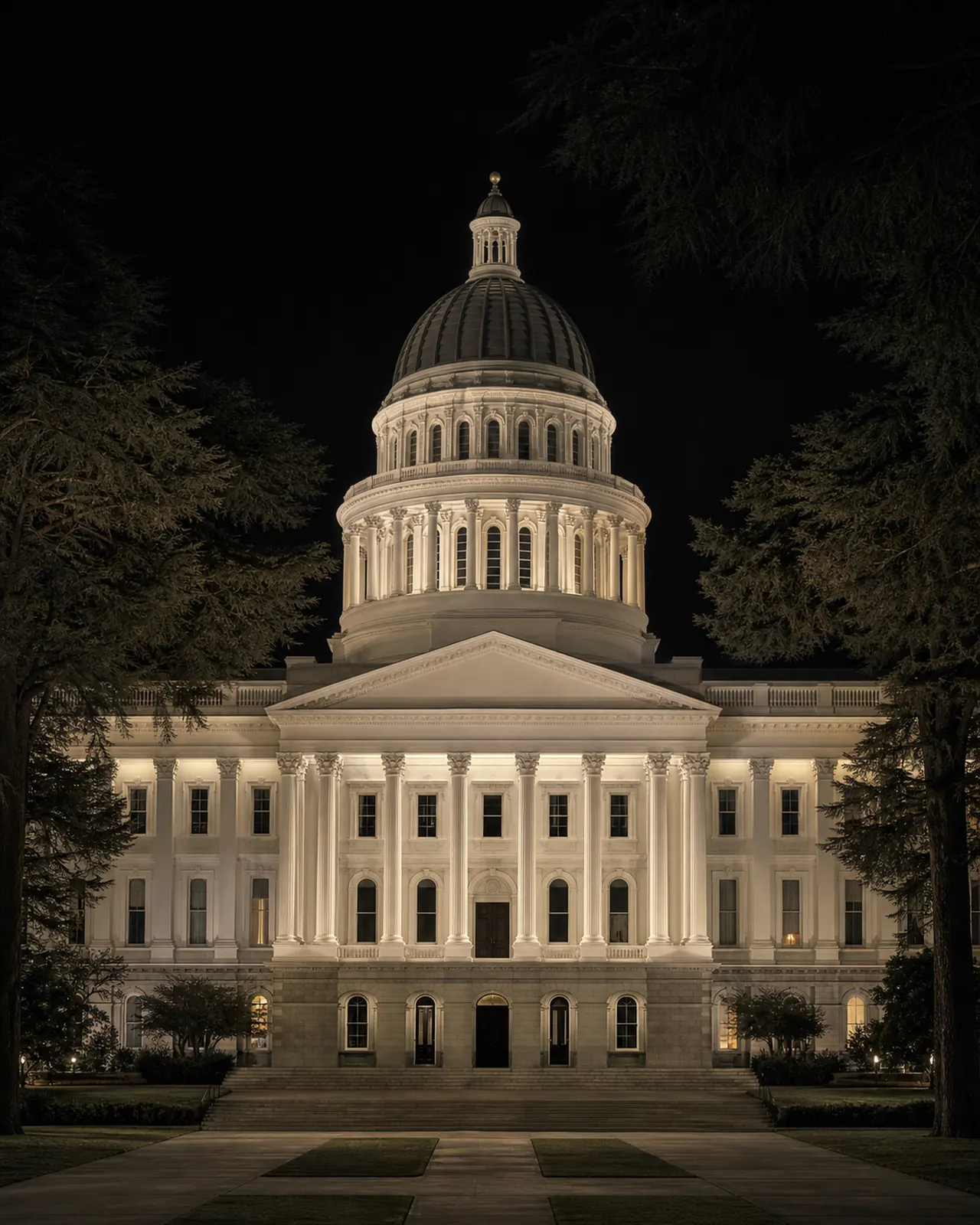 California State Capitol portico and dome framed by mature trees at blue hour