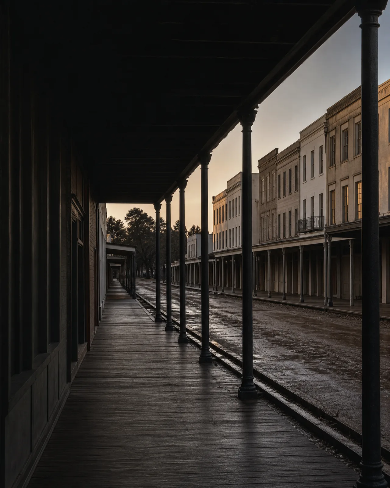 Covered wooden sidewalks and historic masonry facades along an Old Sacramento street