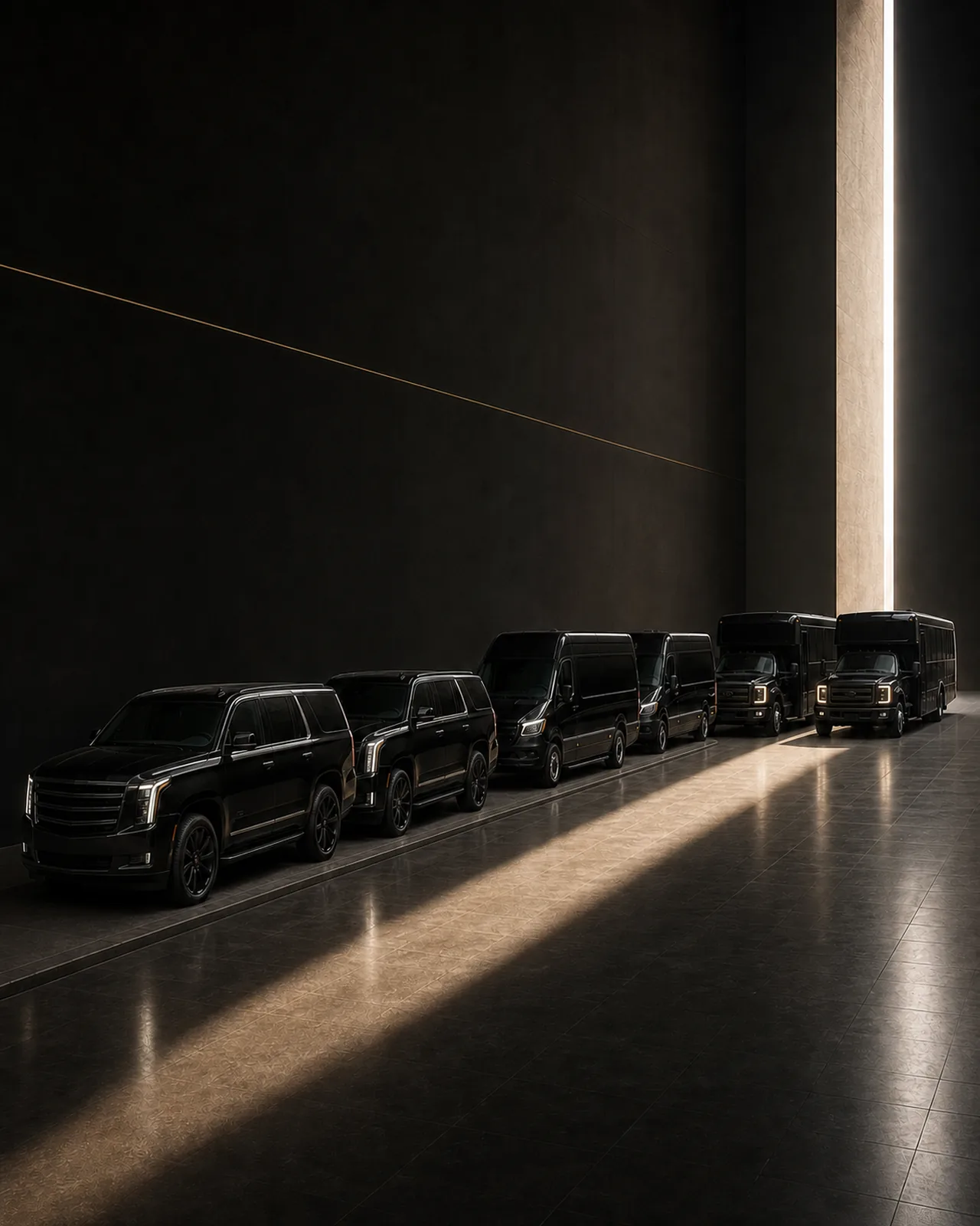 Six black vehicles, two Cadillac Escalades, two Mercedes-Benz Sprinter vans and two Ford F-550 mini-coaches, lined up in a dark space toward a bright doorway.