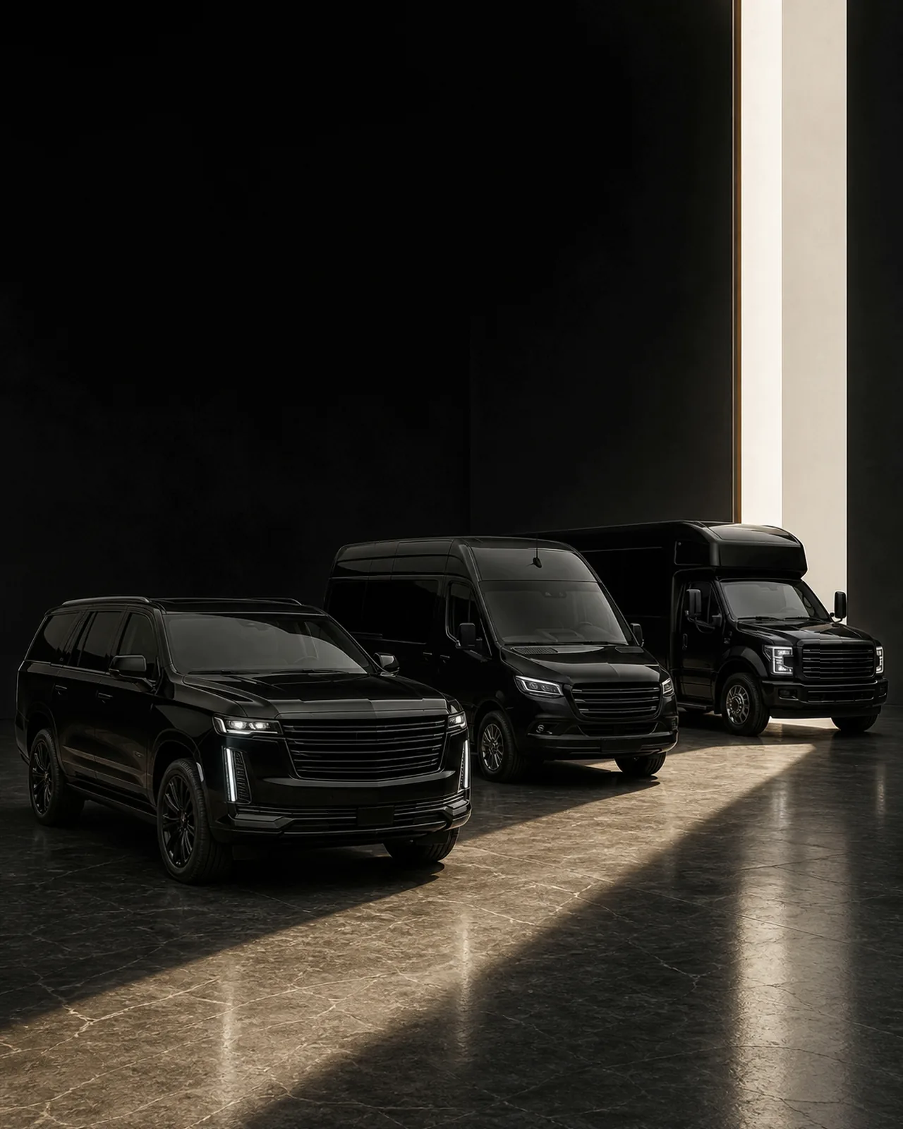 A black Cadillac Escalade, Mercedes-Benz Sprinter van, and Ford F-550 mini-coach staggered in a dark space lit by a bright vertical light beam.