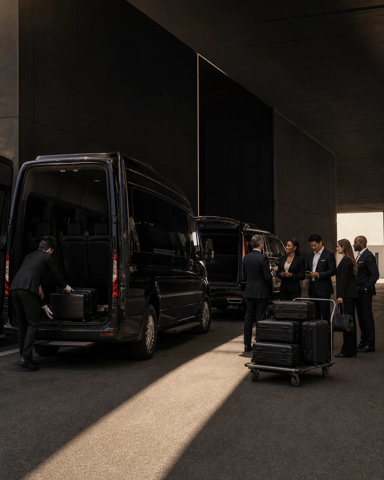 A chauffeur loads luggage into a black Mercedes-Benz Sprinter van while four travelers wait with a luggage cart in a covered driveway.