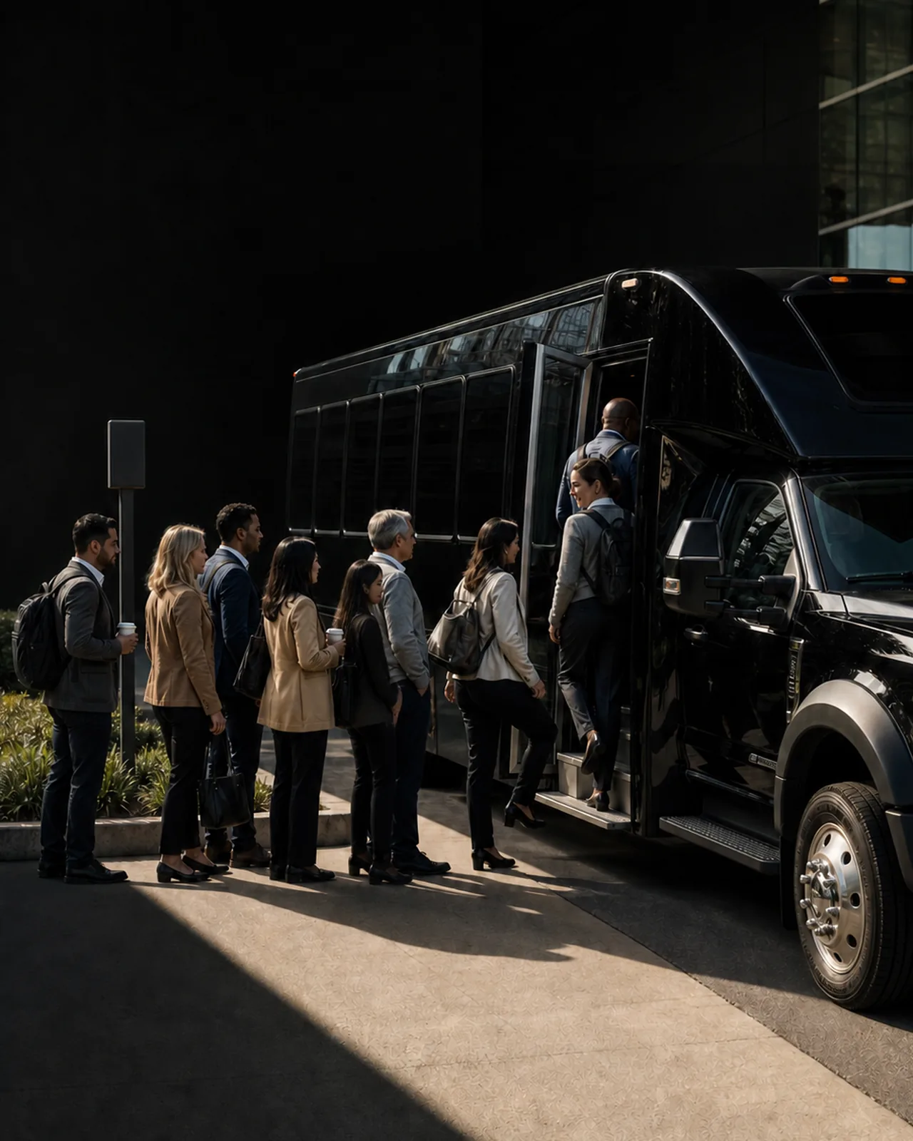 Commuters in business attire queue on a sunlit sidewalk to board a black high-roof shuttle bus, one climbing the entry steps.