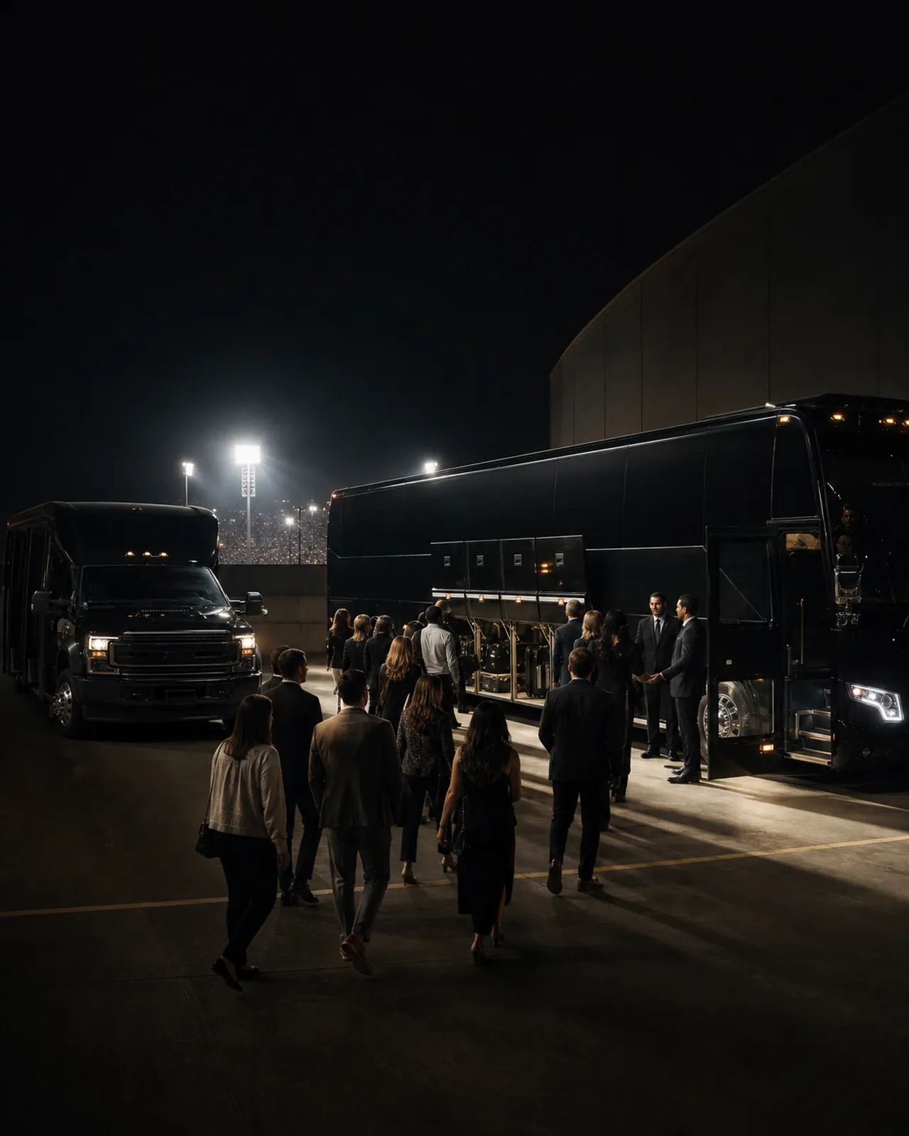 Formally dressed guests walk toward a black full-size motorcoach and a Ford mini-coach parked outside a stadium at night, stadium lights glowing in the distance.