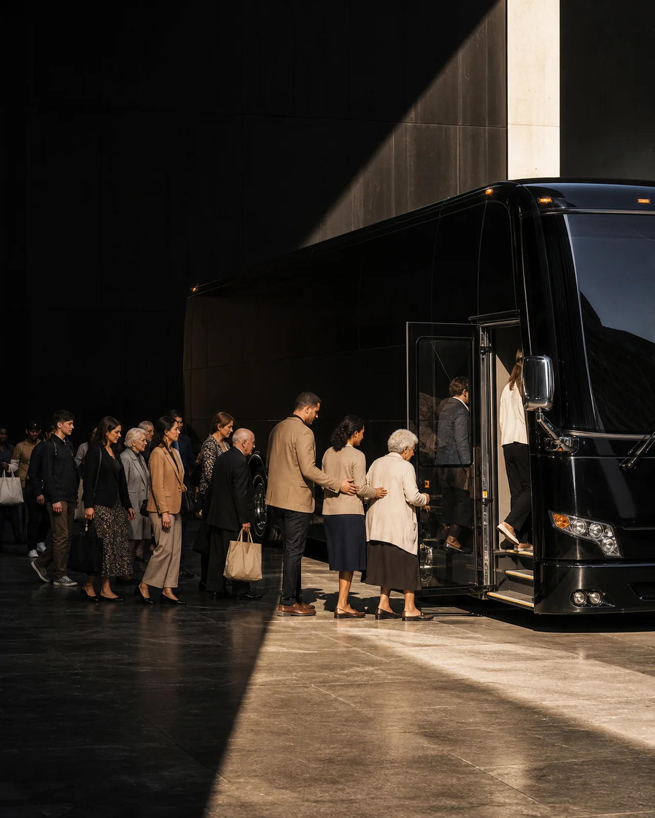 A line of passengers, several elderly, board a black motorcoach while a man steadies an older woman up the entry steps in low sunlight.