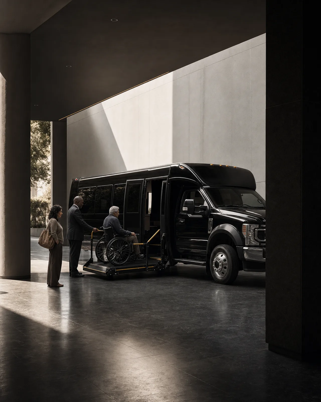 An attendant guides a man in a wheelchair up a lift into a black Ford F-550 mini-coach while a woman waits nearby under a building's covered entrance.