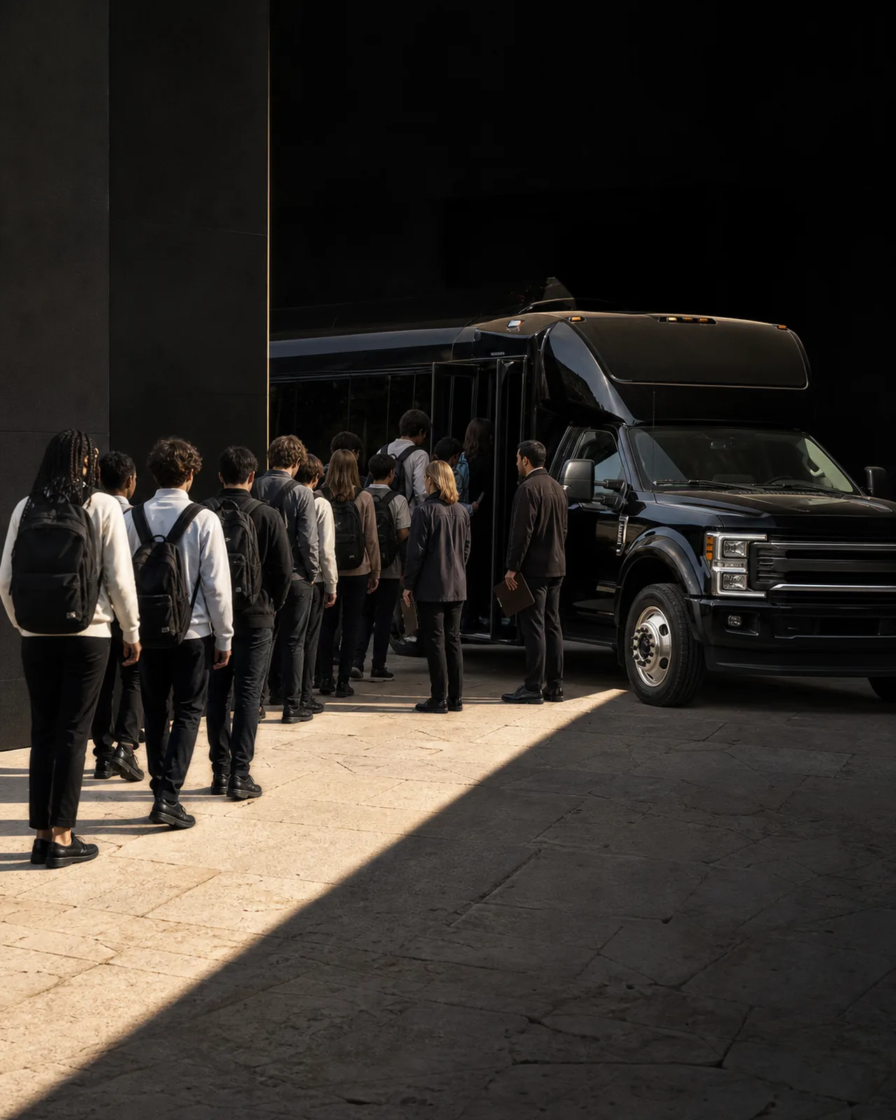 Students in uniforms carrying bags board a black Ford F-550 mini-coach in a sunlit courtyard, staff assisting at the door.