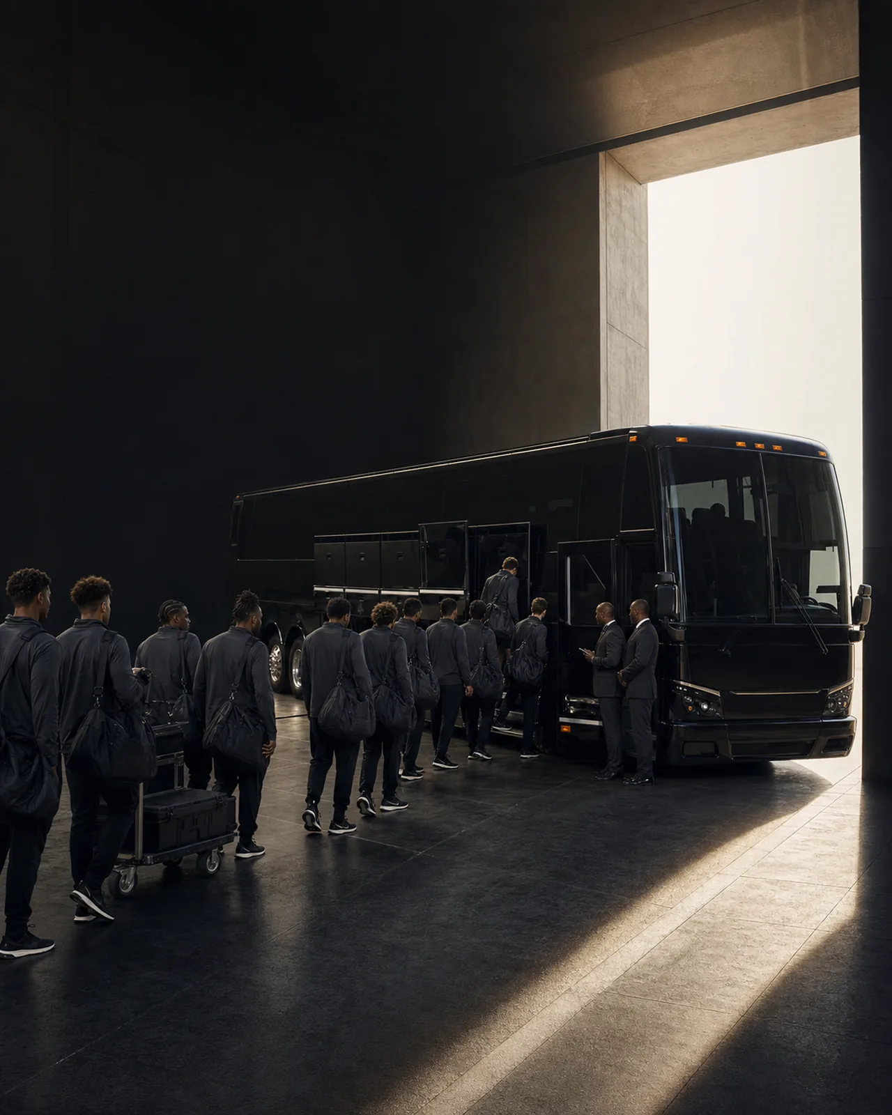 A line of athletes in gray tracksuits carrying duffel bags board a black motorcoach as two staff in suits wait by the door.