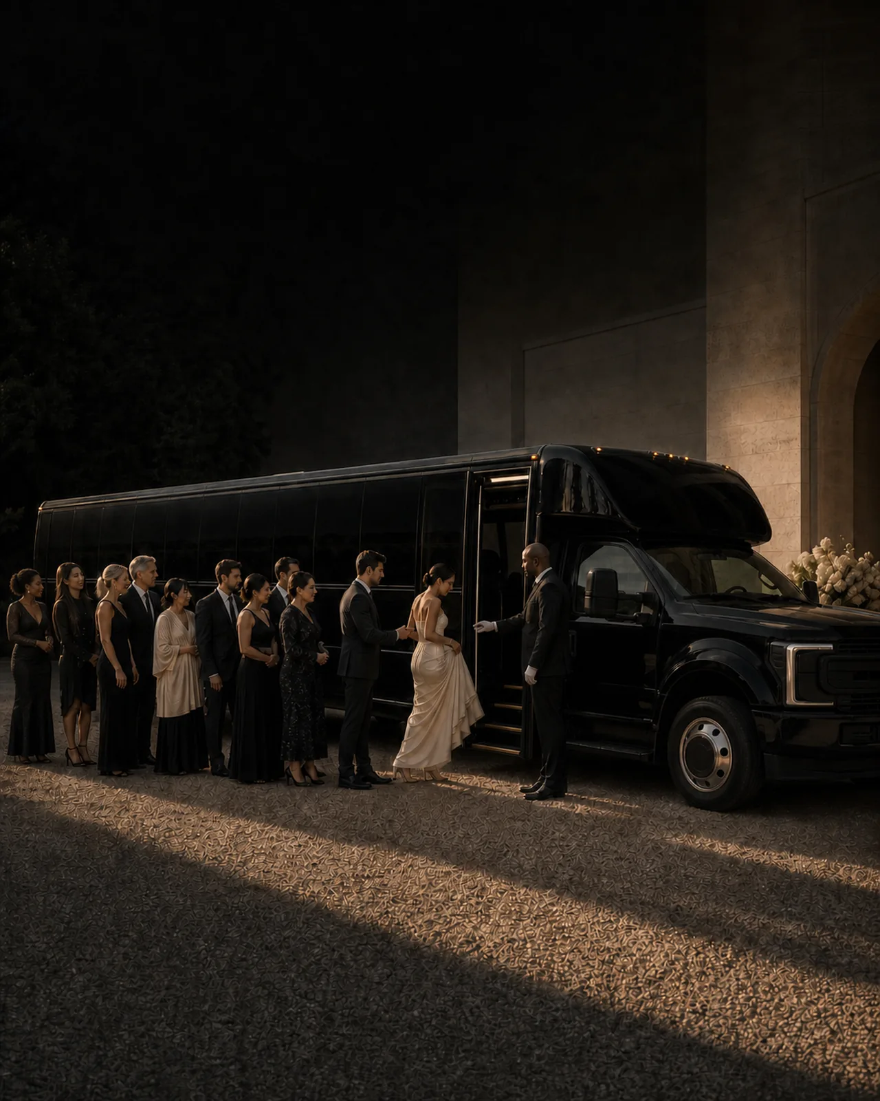 A bride in a cream gown is escorted by a groom past a line of guests in formal black attire toward a black Ford F-550 mini-coach, where a chauffeur holds the door open at dusk.